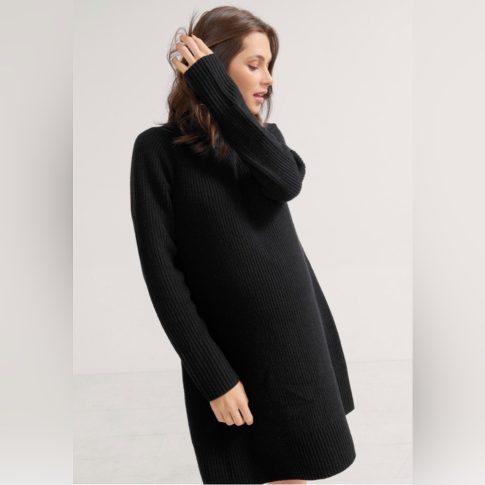 Hatch Black Long-Sleeve Merino Wool Turtleneck Sweater Dress - Black